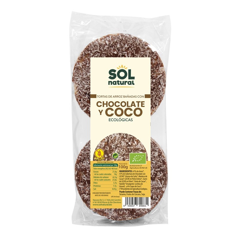 Tortas arroz chocolate coco (6 ud) SOL NATURAL BIO 100 gr BIO